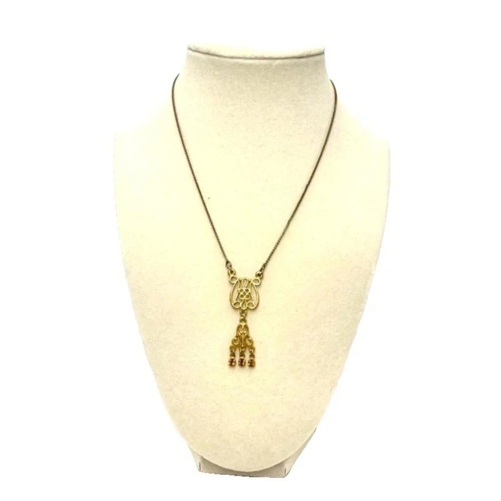 Vintage 90s Art Nouveau Gold Tone Floral Scroll Pendant Necklace 16in